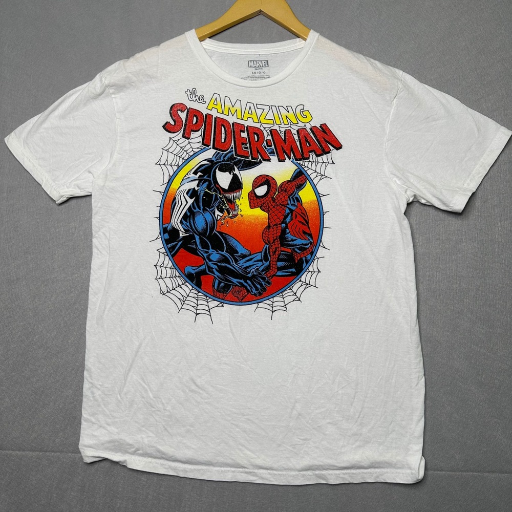 Marvel Mens T-Shirt Large White Excellent Spider-Man vs Venom Graphic Comics Tee
